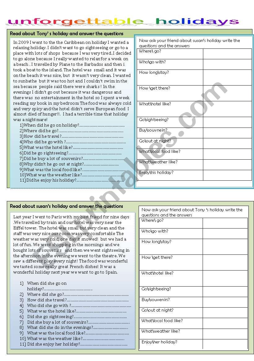 unforgettable holidays  worksheet