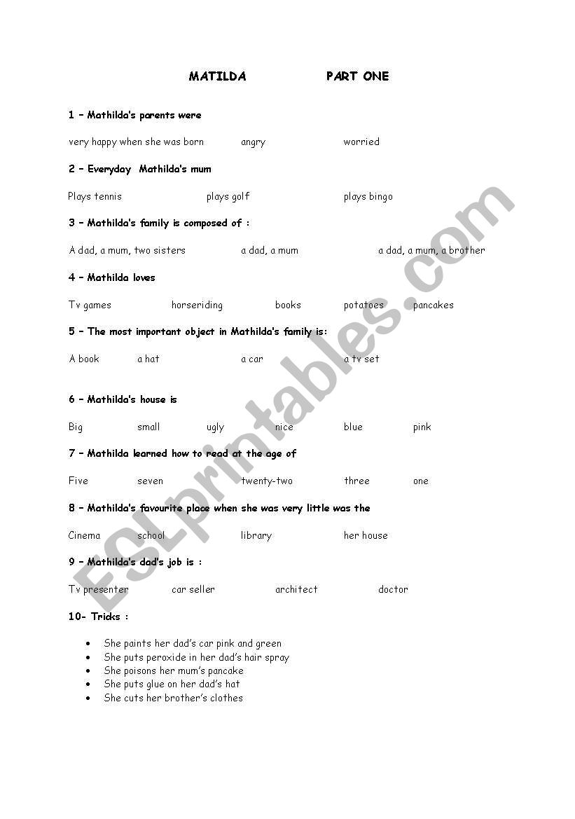 MATILDA THE MOVIE PART ONE worksheet