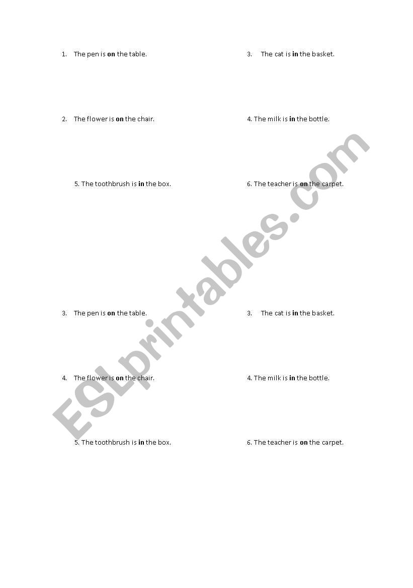 prepositions in on worksheet