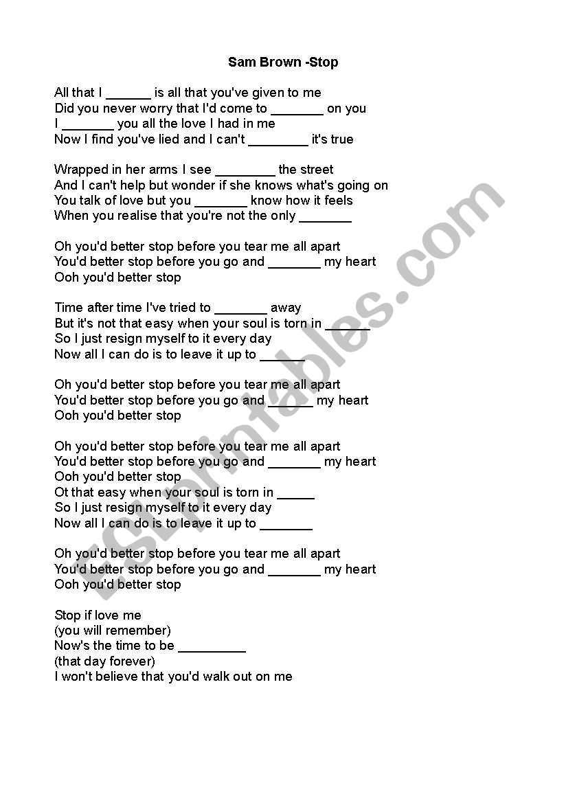 sam brown stop worksheet