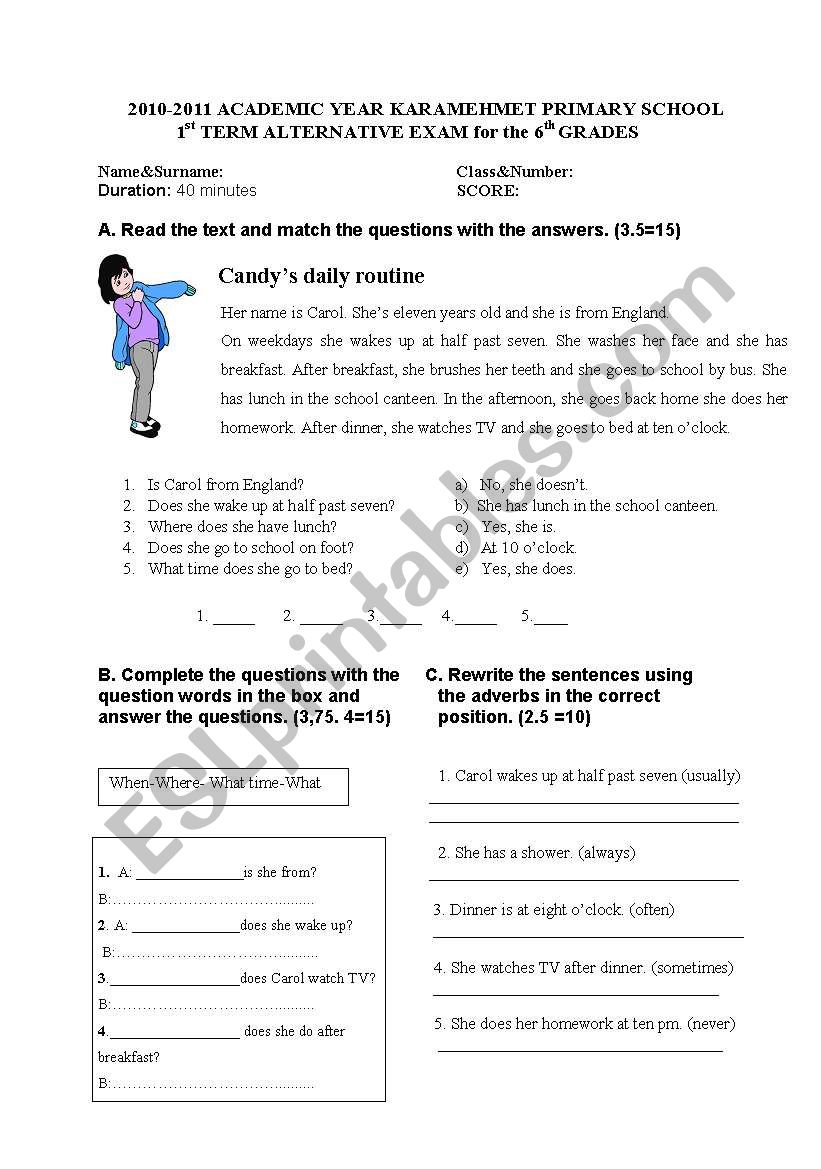 Simple Present Tense, daily routines Test