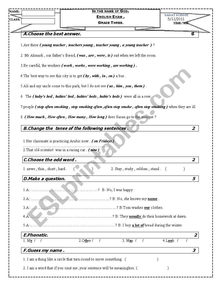 SAMPLE TEST worksheet