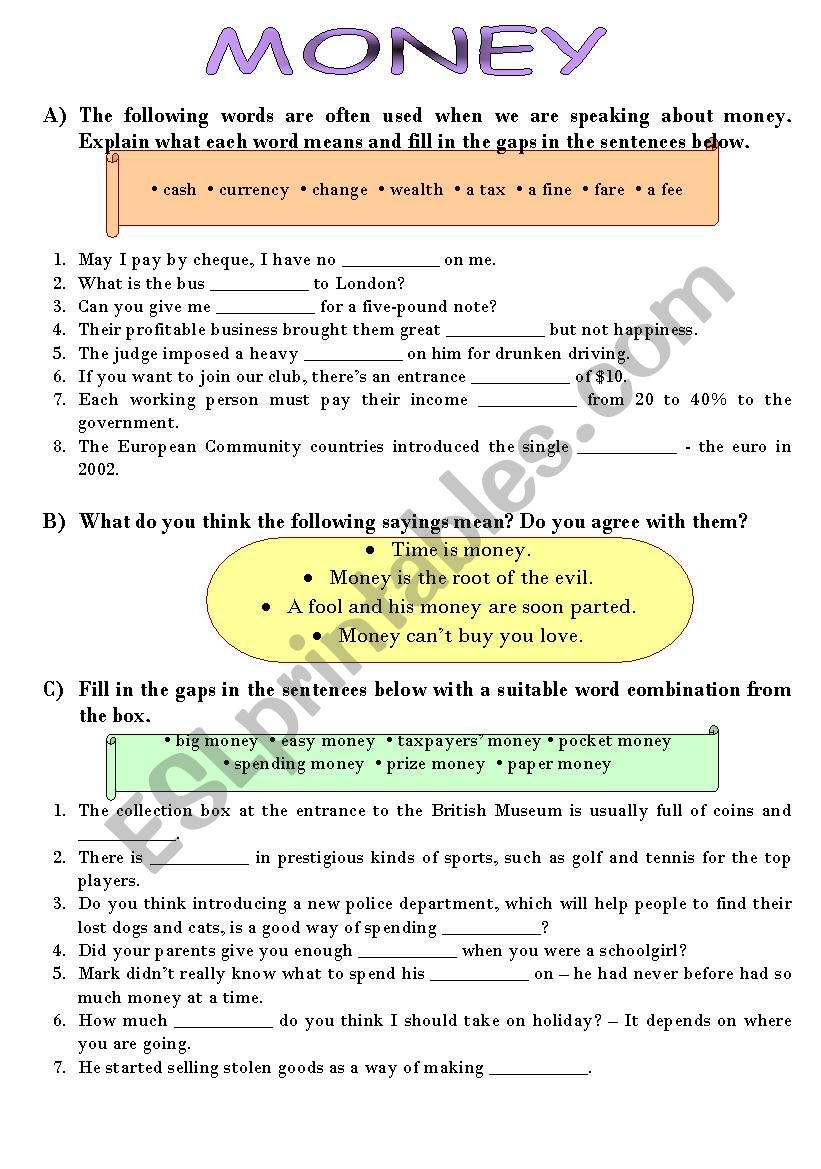Money worksheet