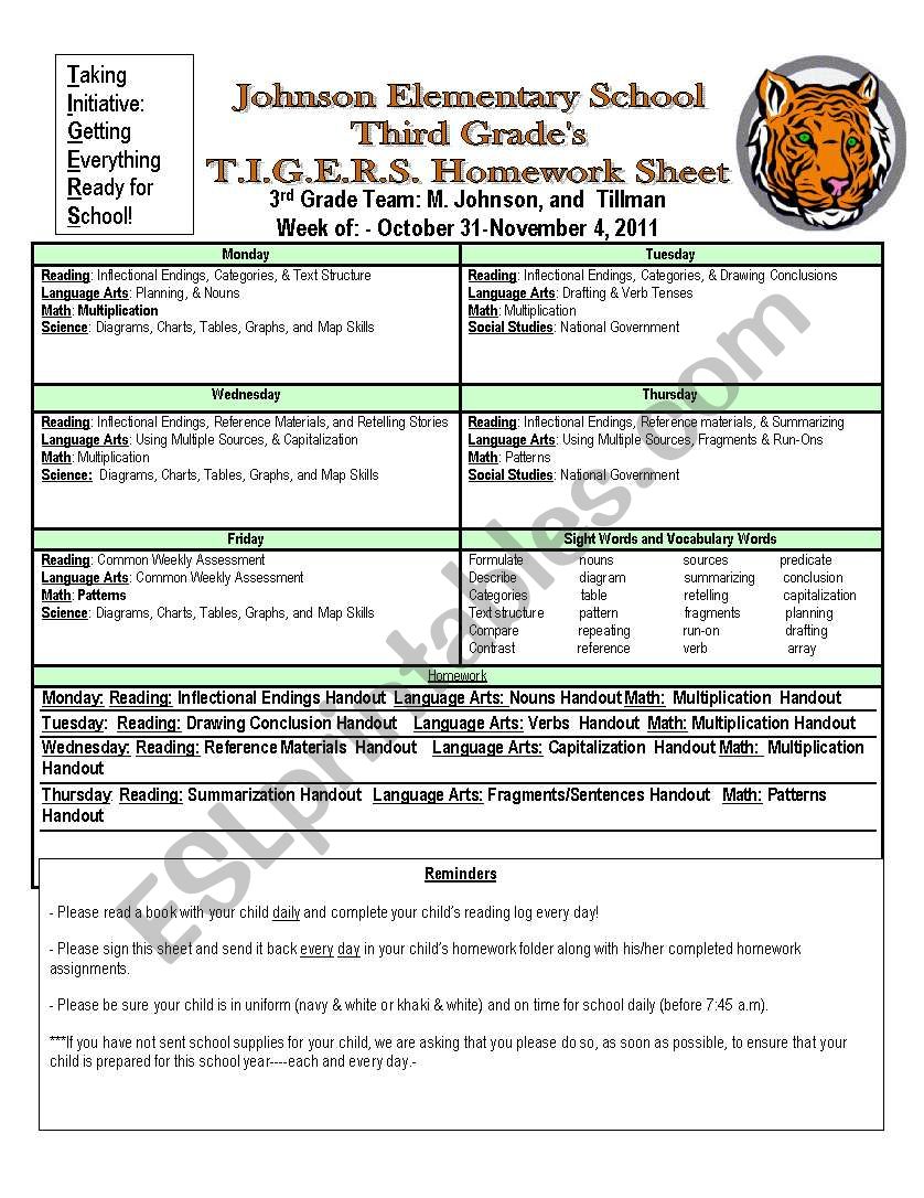 homework Sheet 3rd Grade worksheet