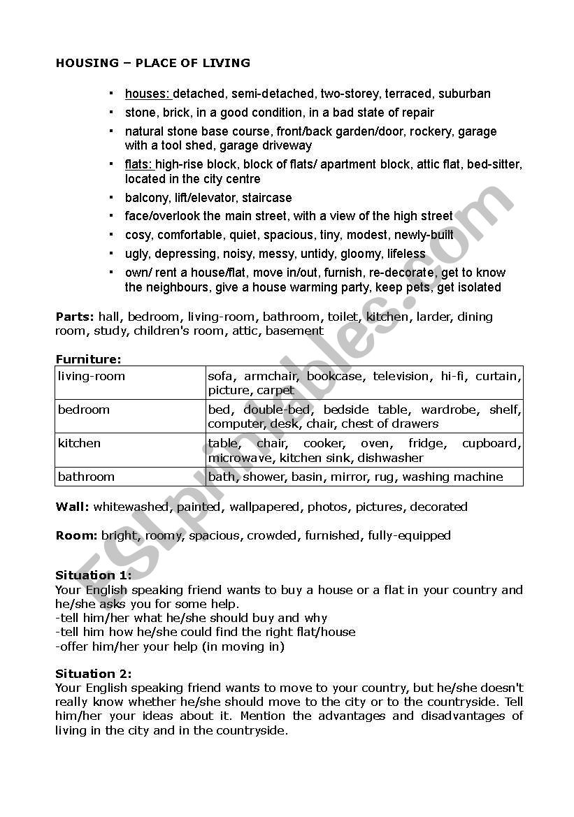 housing - place of living worksheet