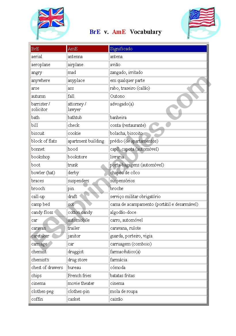 BrE v AmE Vocabulary worksheet