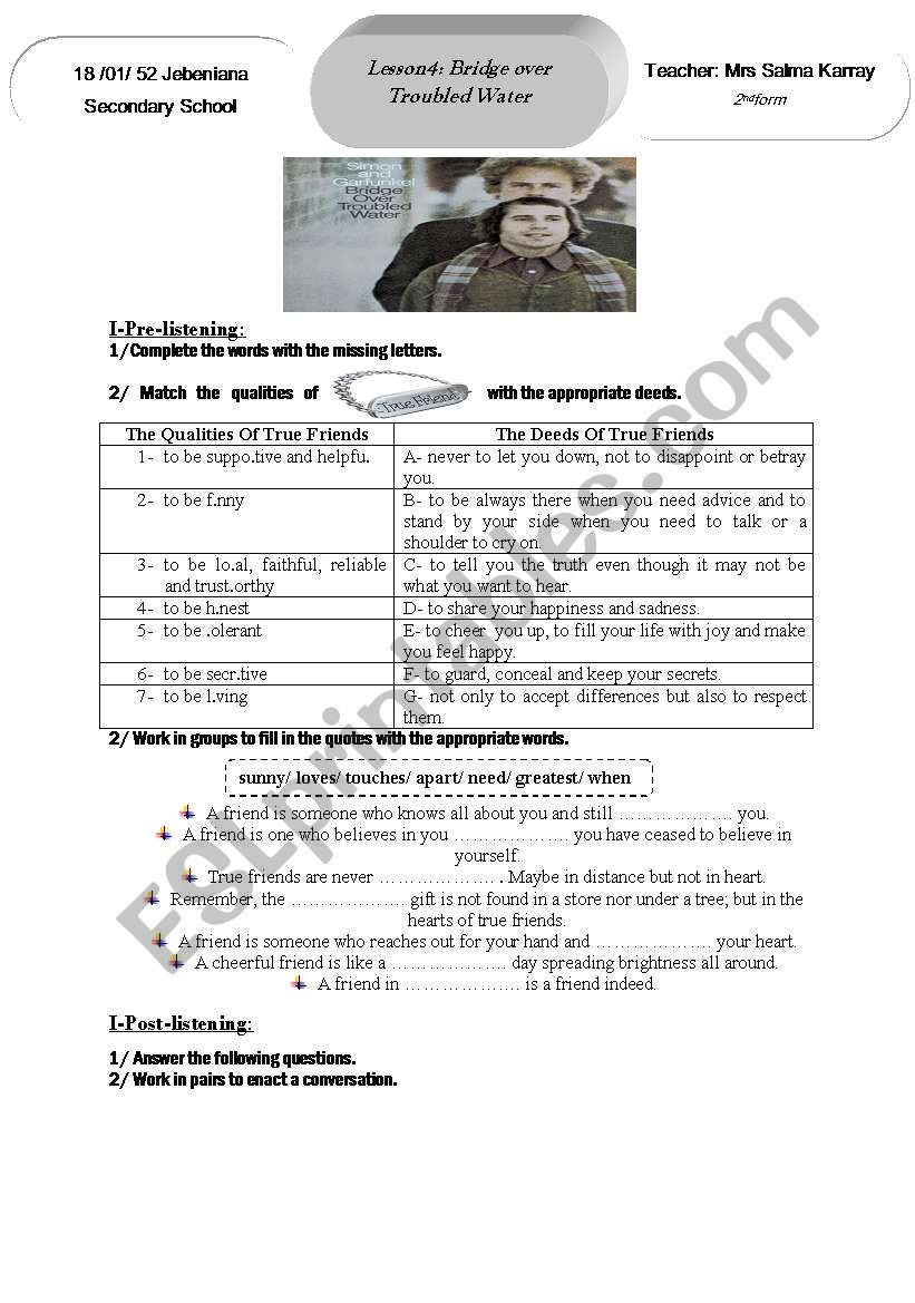 bridge over troubled water worksheet