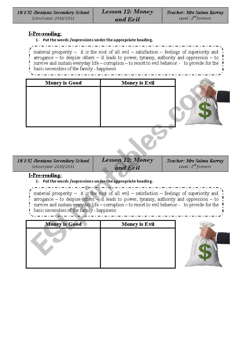 money and evil worksheet