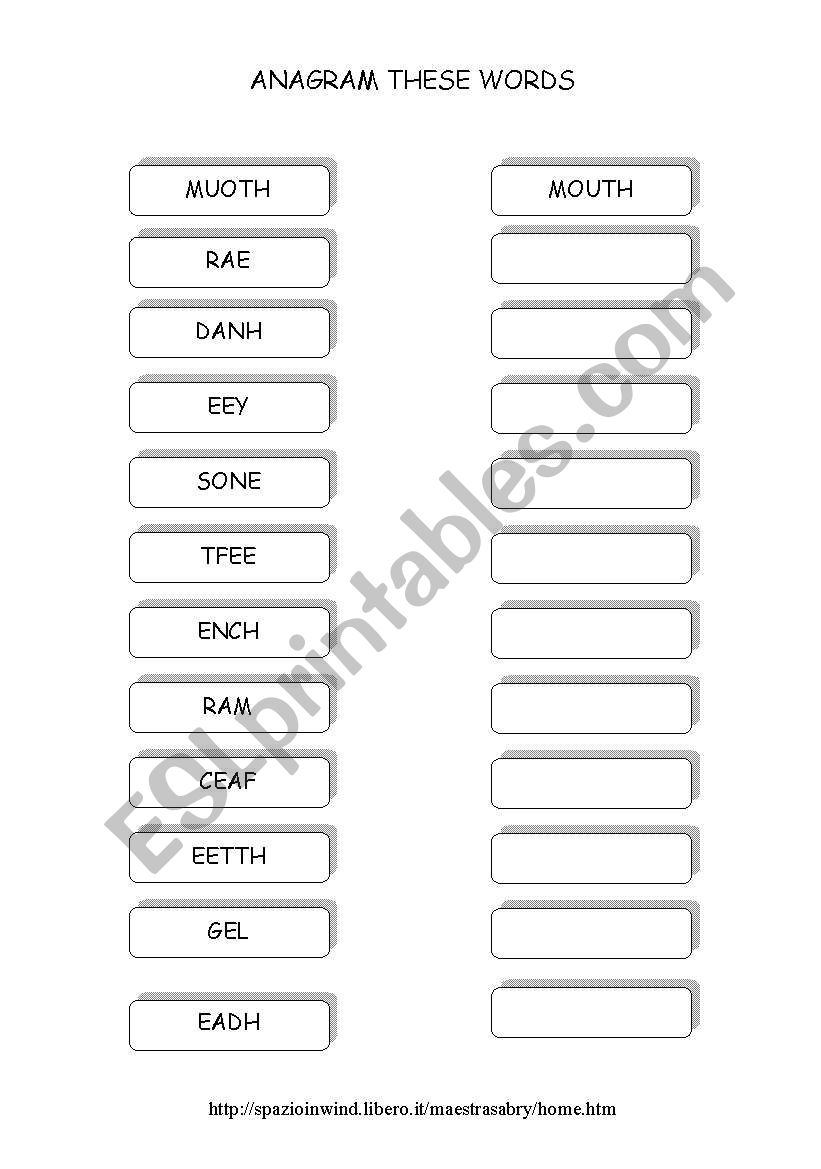 ANAGRAM BODY worksheet