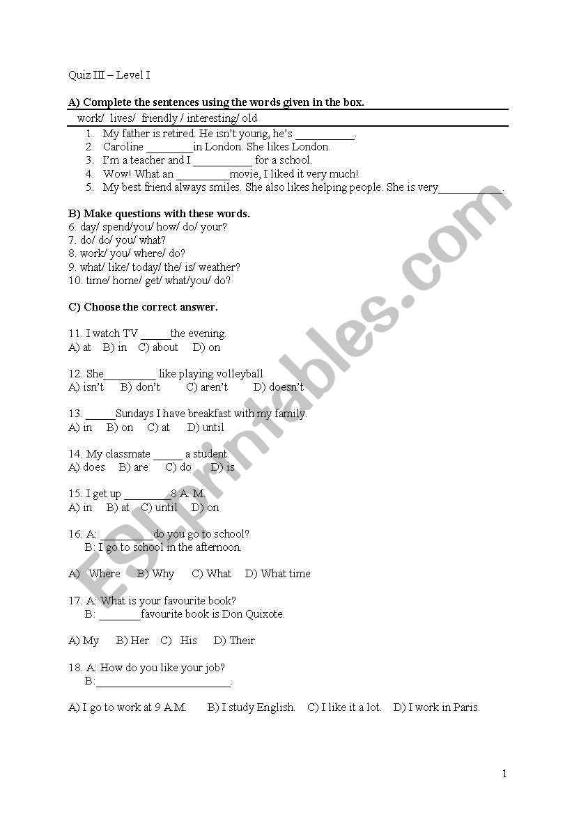 Interchange Quiz 3 worksheet