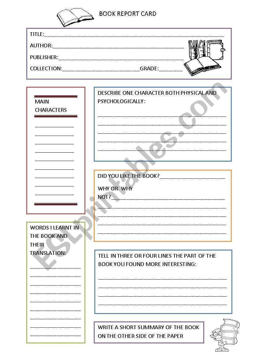 book report card worksheet