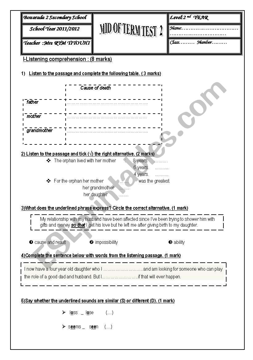 A STORY ABOUT AN ORPHAN LIFE MID TERM TEST 2 second year Tunisian pupils