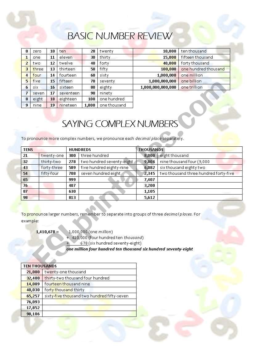 Large English Numbers worksheet