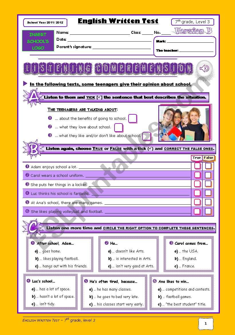 School Test - version B (7th grade) - part 1