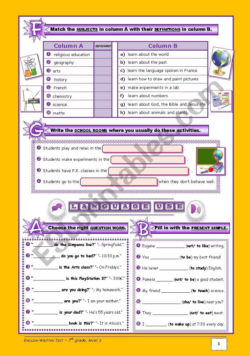 School Test - version B (7th grade) - part 2+ CORRECTION