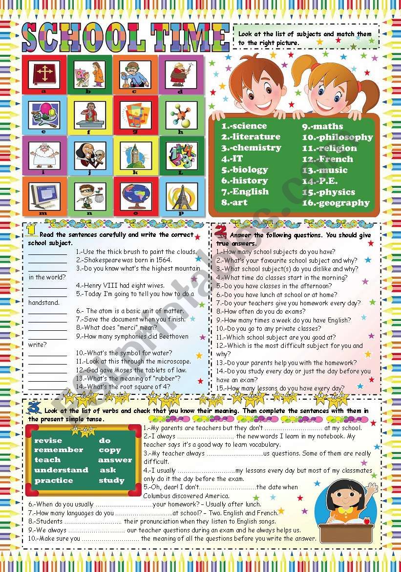 SCHOOL TIME- KEY INCLUDED worksheet