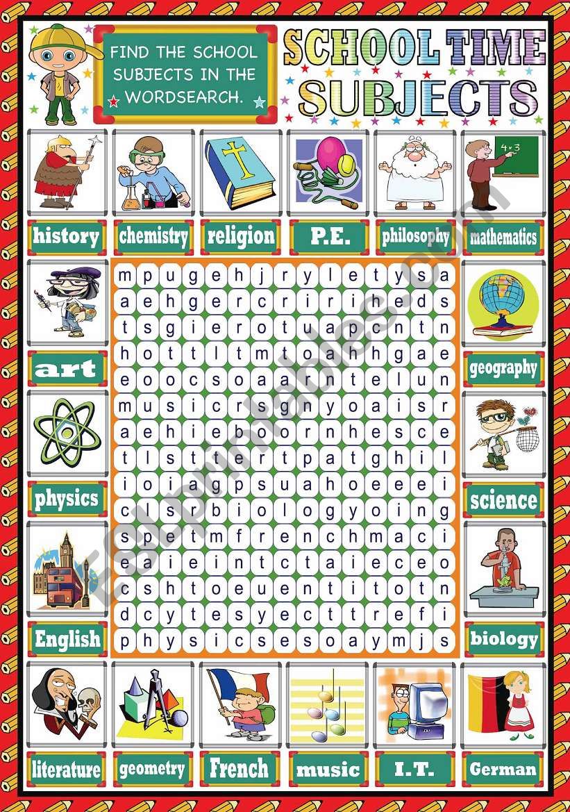 SCHOOL SUBJECTS PICTIONARY + WORDSEARCH