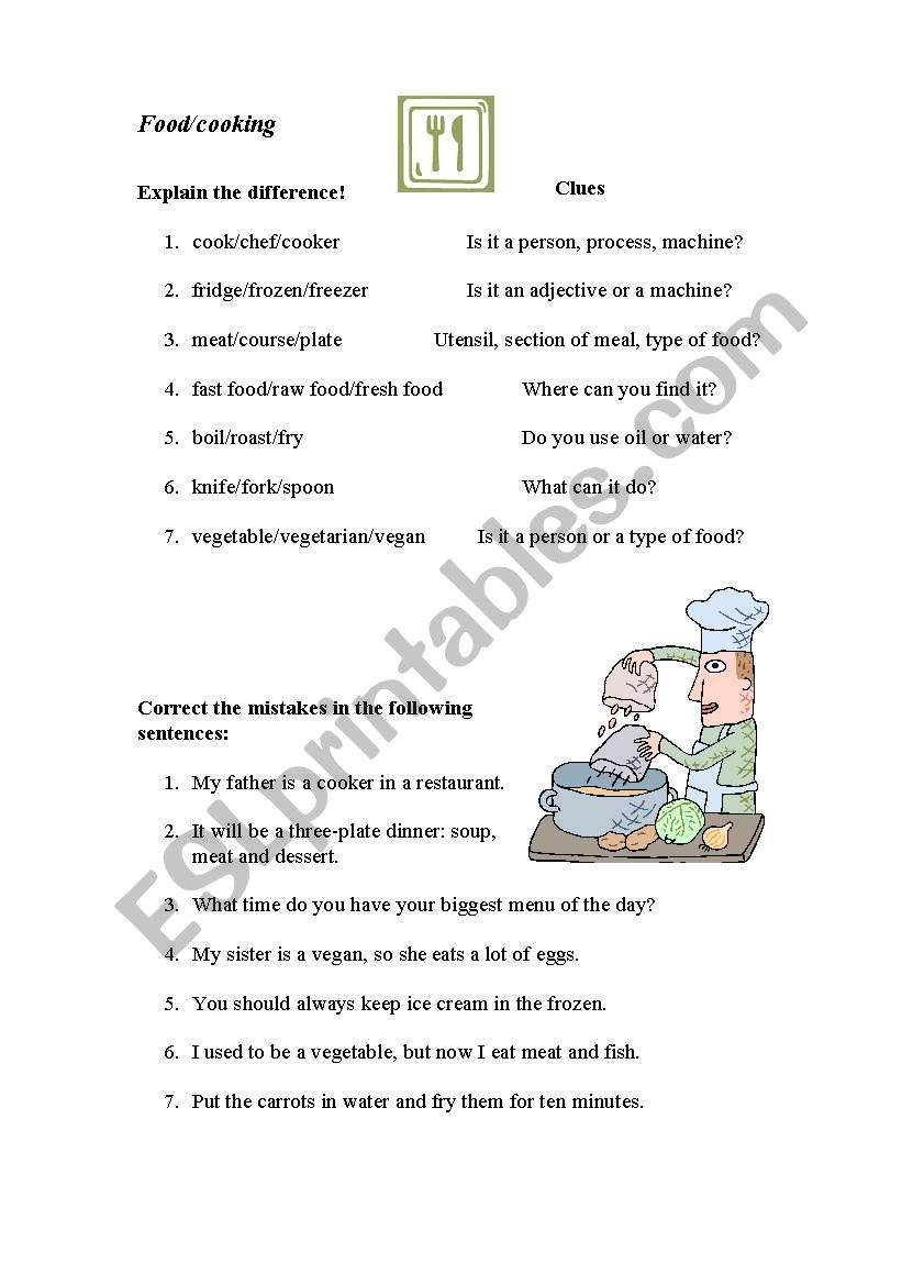 Cooking related exercises worksheet