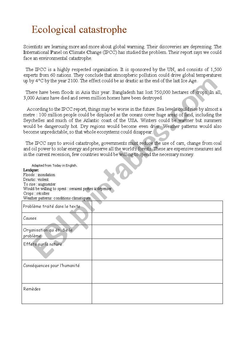 Ecological catastrophe worksheet