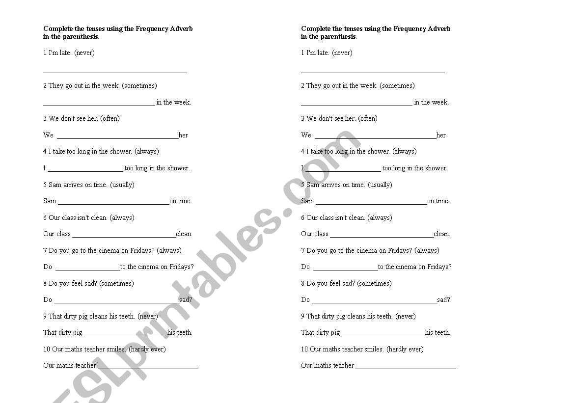 frecuency adverbs worksheet