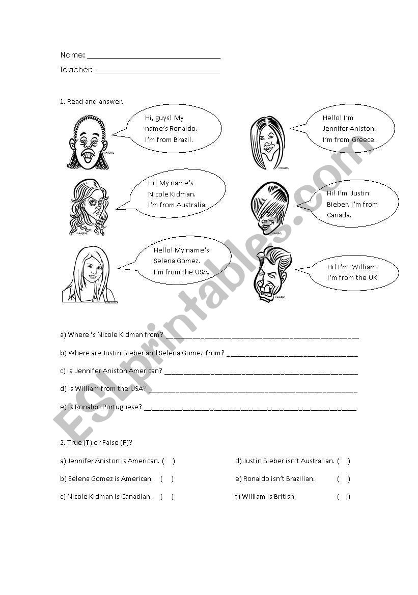Reading activity  worksheet
