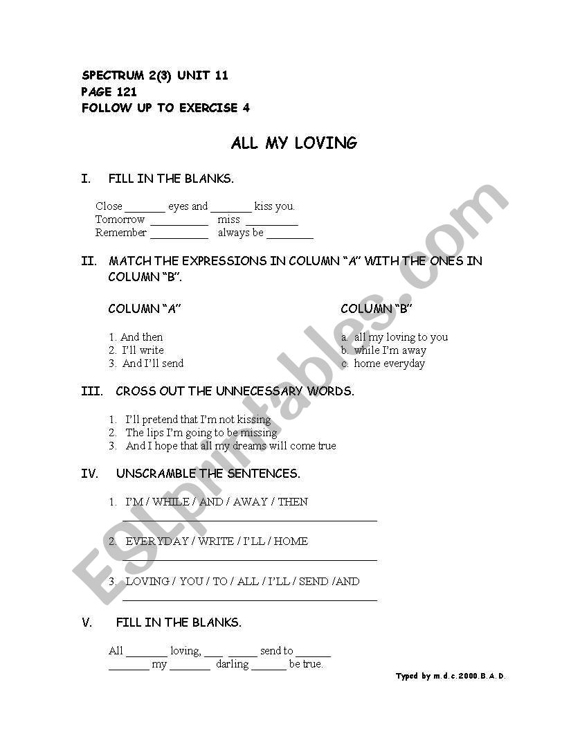 All my loving worksheet