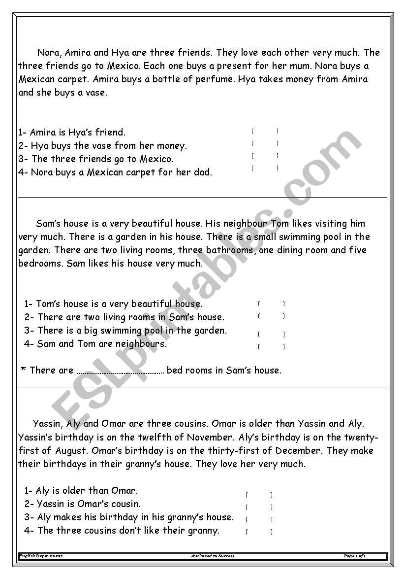 Reading bcomprehensions worksheet