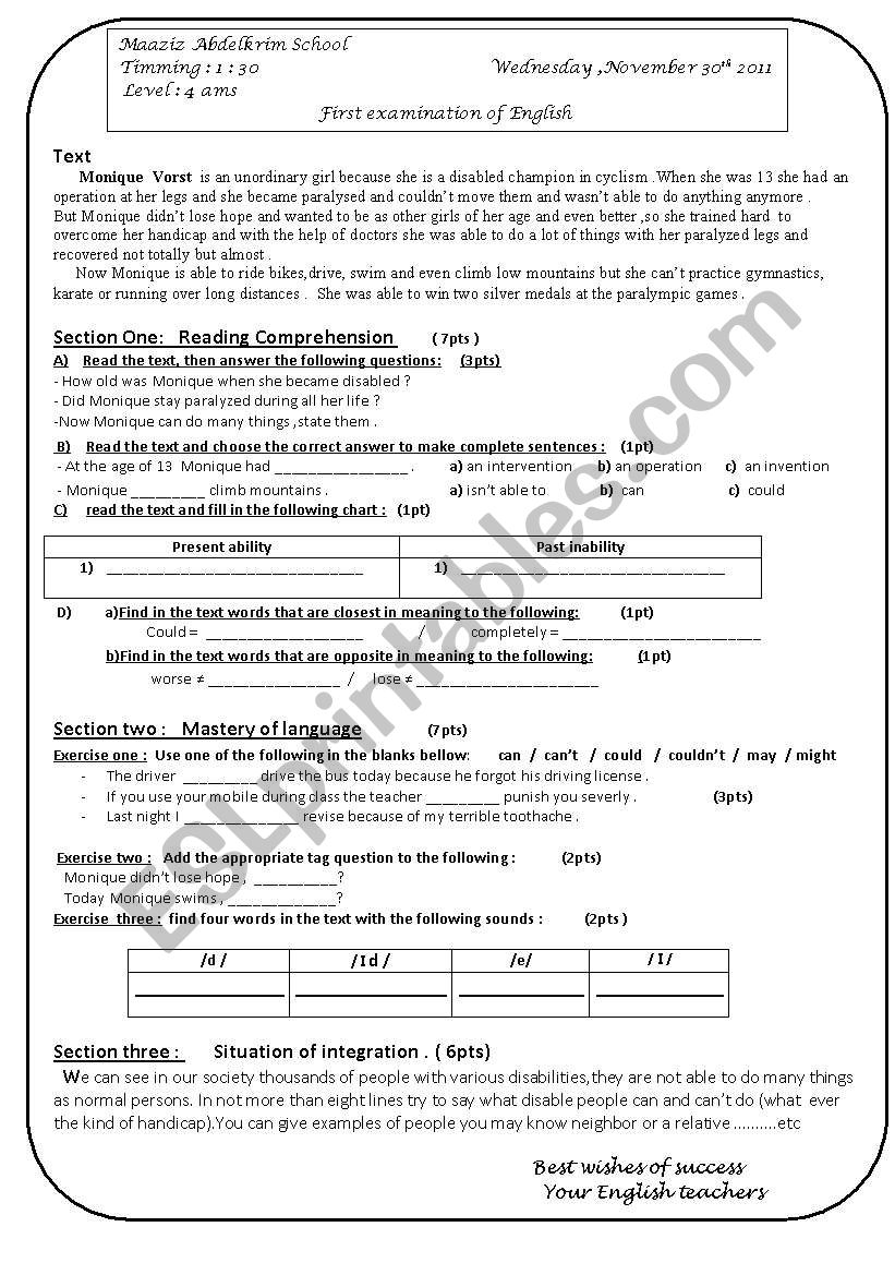 exam focusing on can/ could /able to 