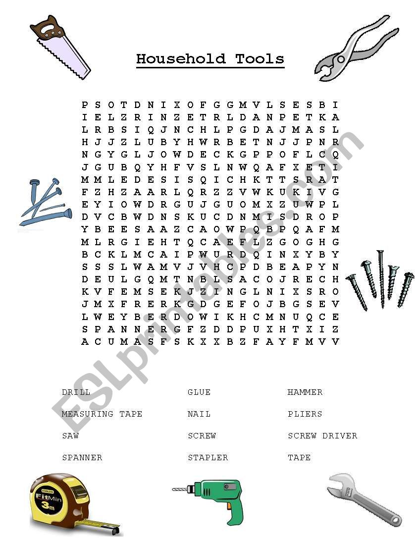 Household Tools Wordsearch worksheet