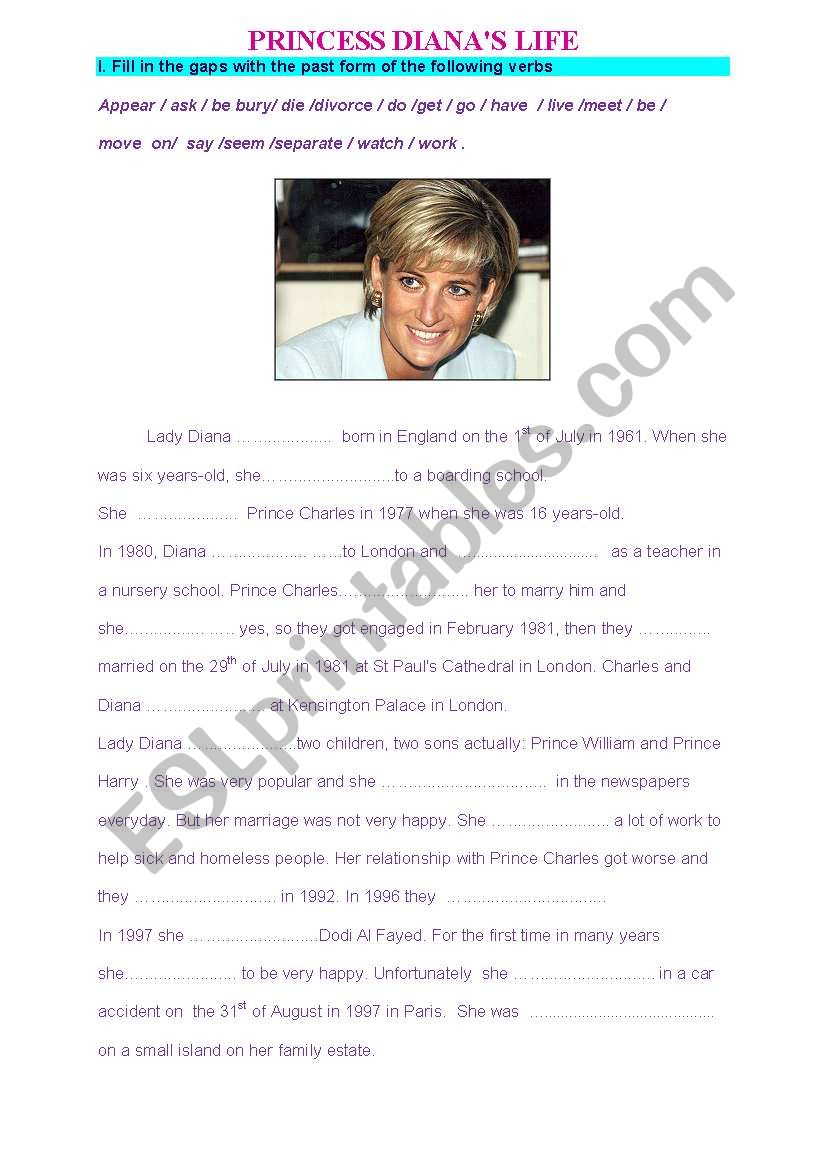 Princess DianaÂ´s biography worksheet