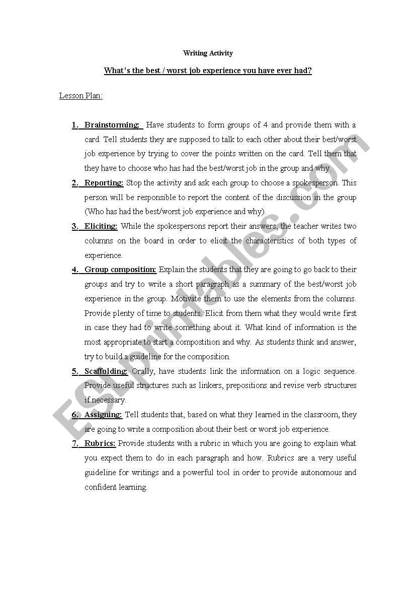 Writing activity - Jobs worksheet