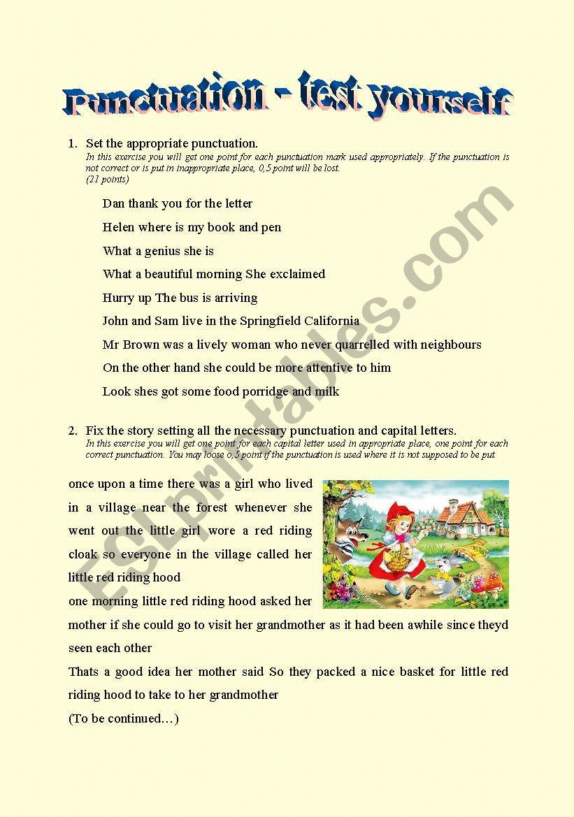 Punctuation - test yourself worksheet