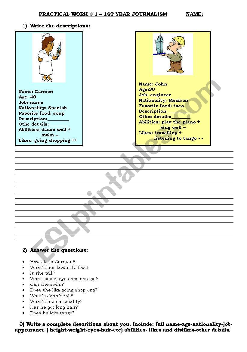 exam about descriptions worksheet