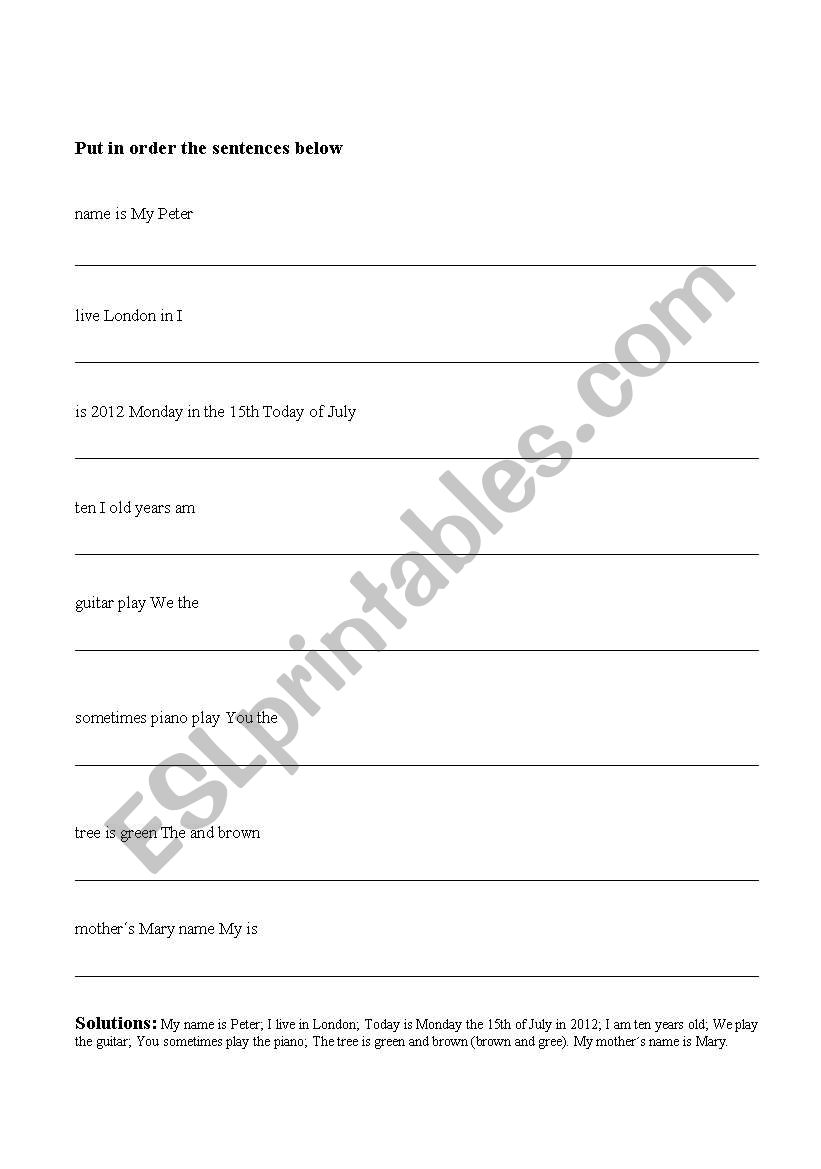 Order the sentences worksheet