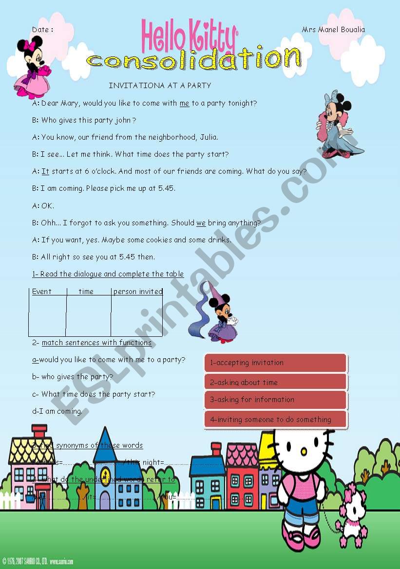 parties worksheet