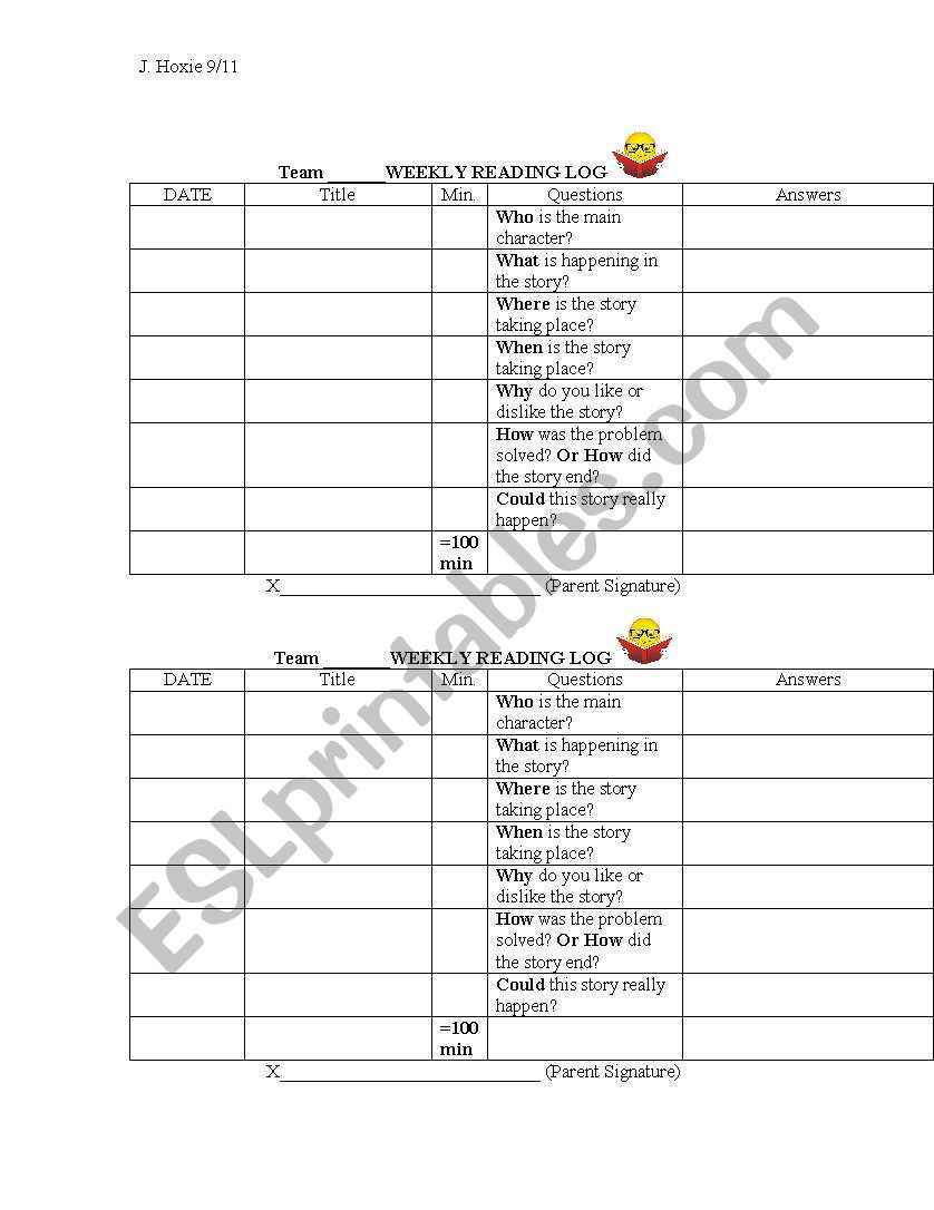 Weekly Reading Log worksheet
