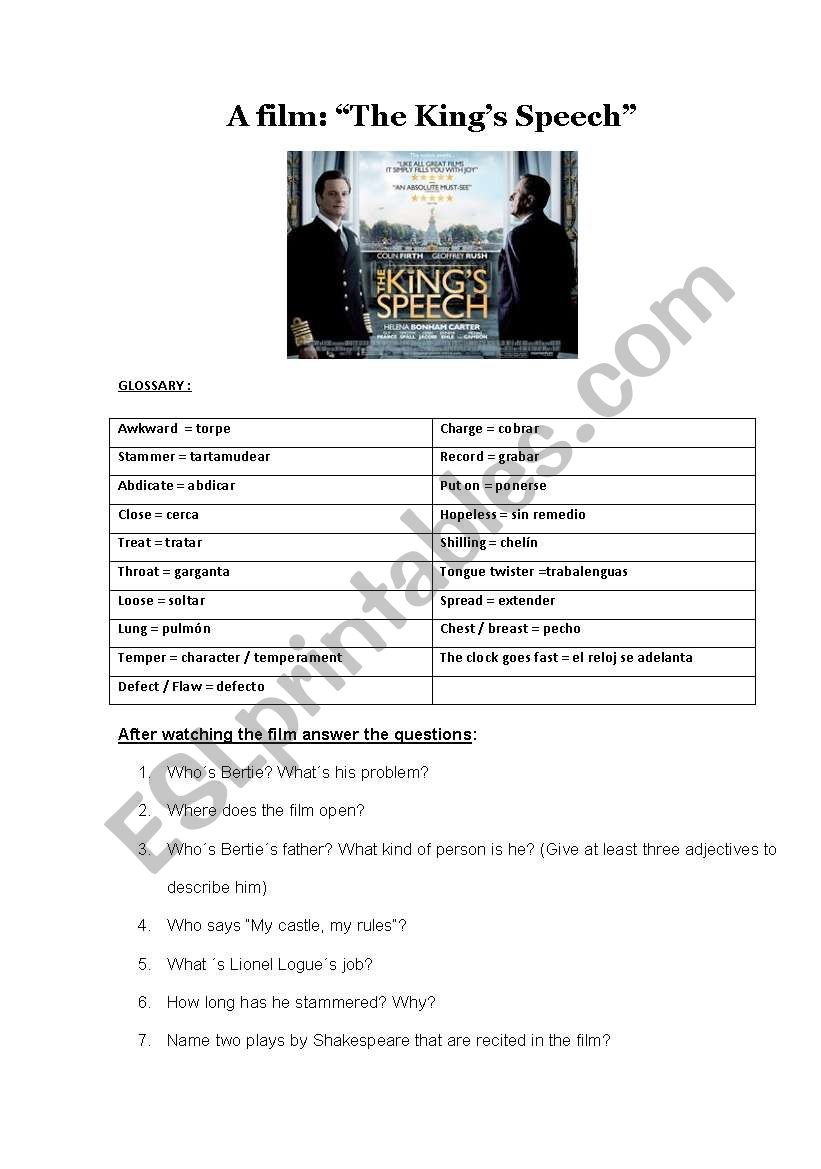 The Kings Speech FILM worksheet