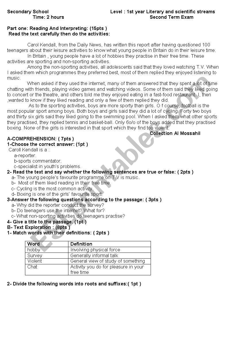 second term 1st year exam worksheet