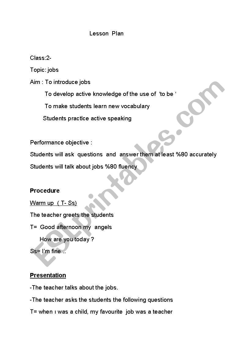 lesson plan to be and jobs worksheet