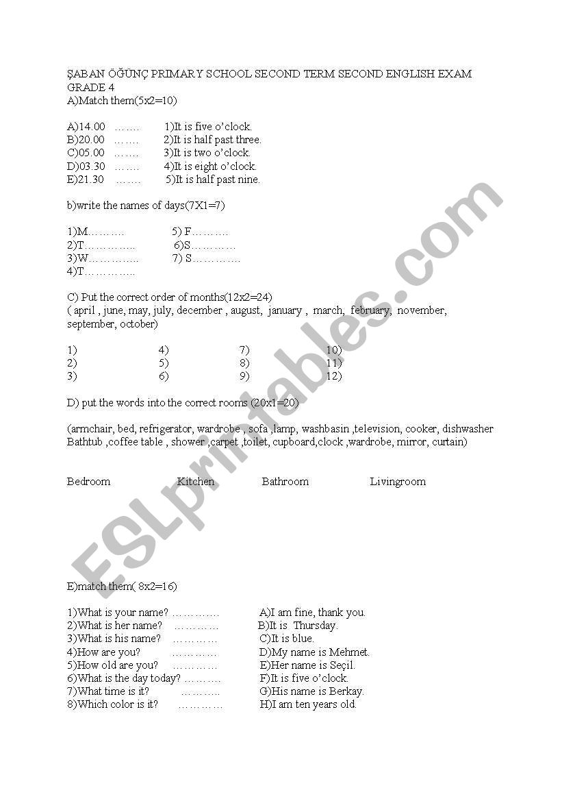 axam for 4th grades worksheet