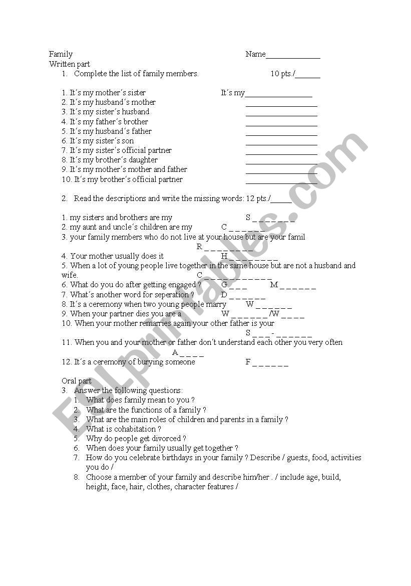 Family test worksheet