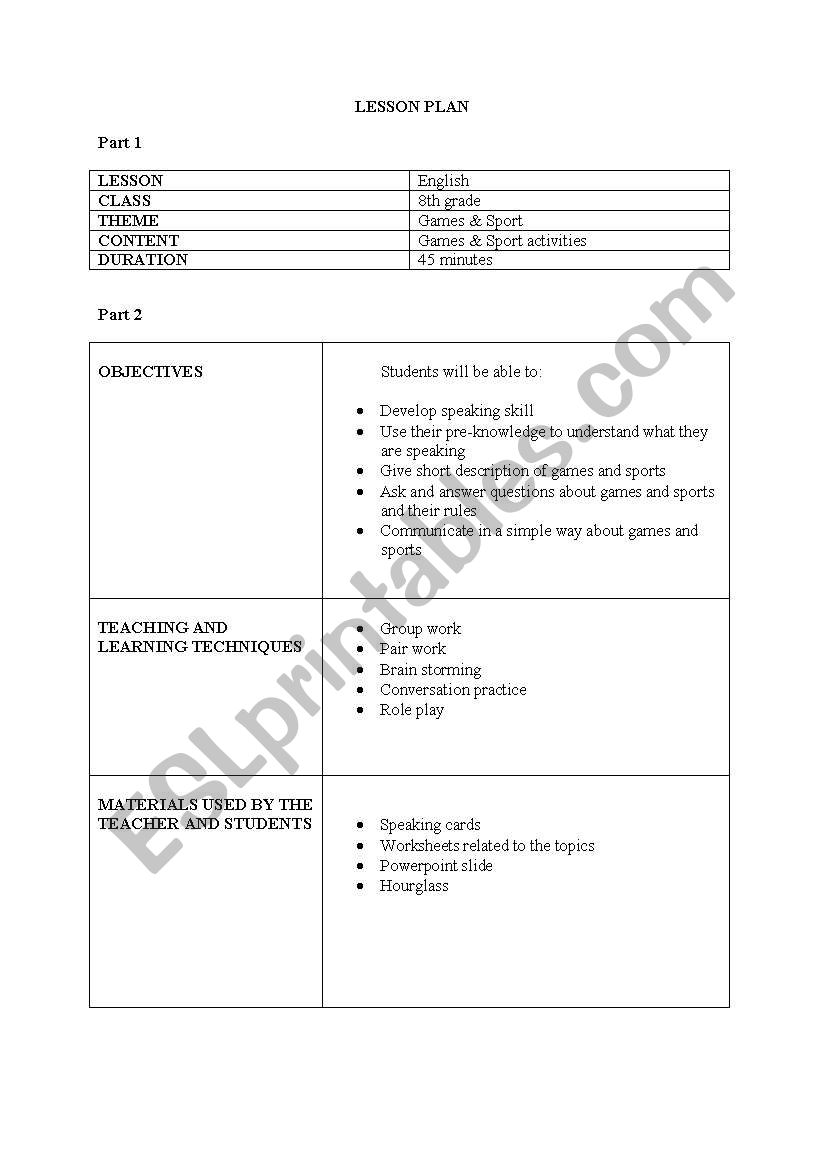 lesson plan about sports worksheet