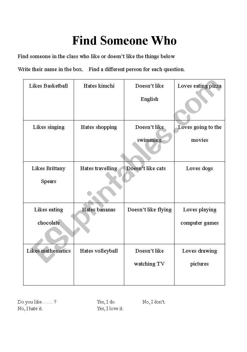 Likes and dislikes worksheet