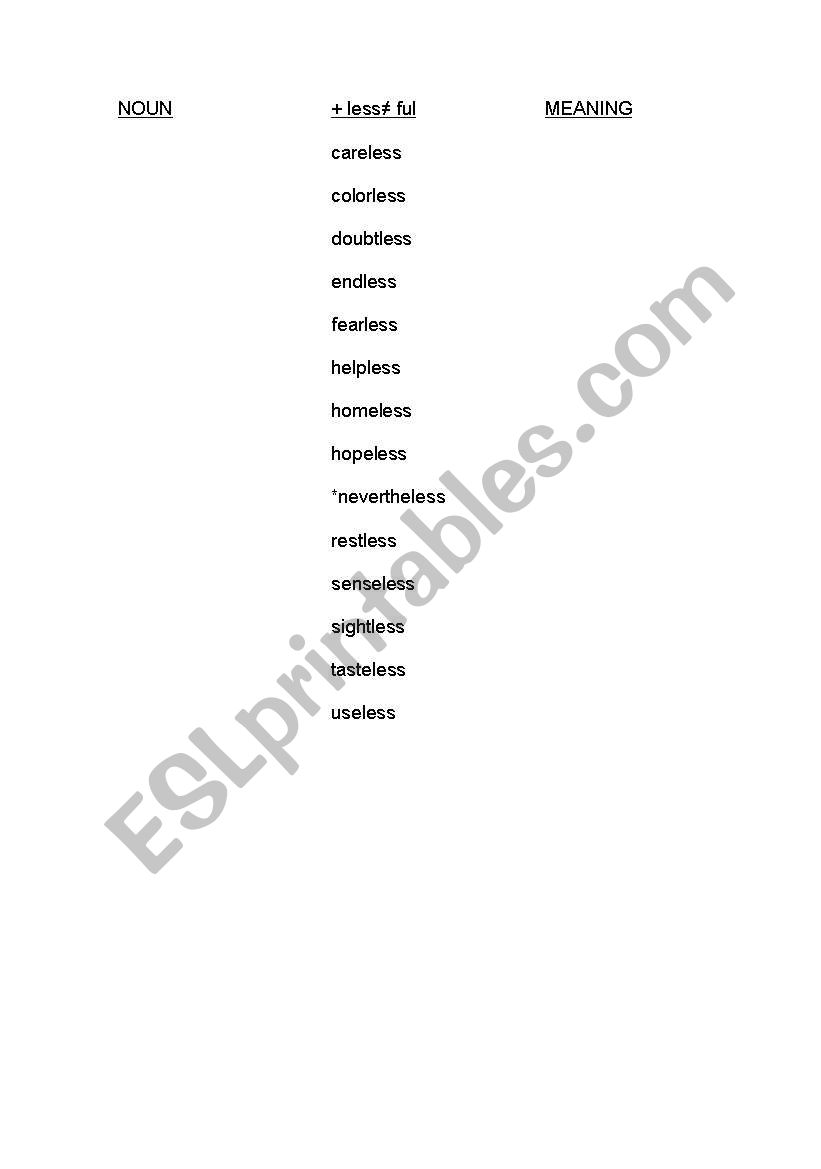 -less and -ness ending words worksheet