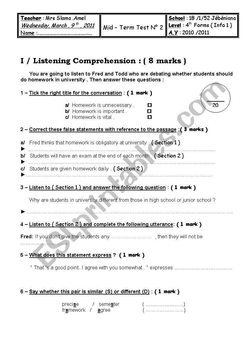 exam worksheet