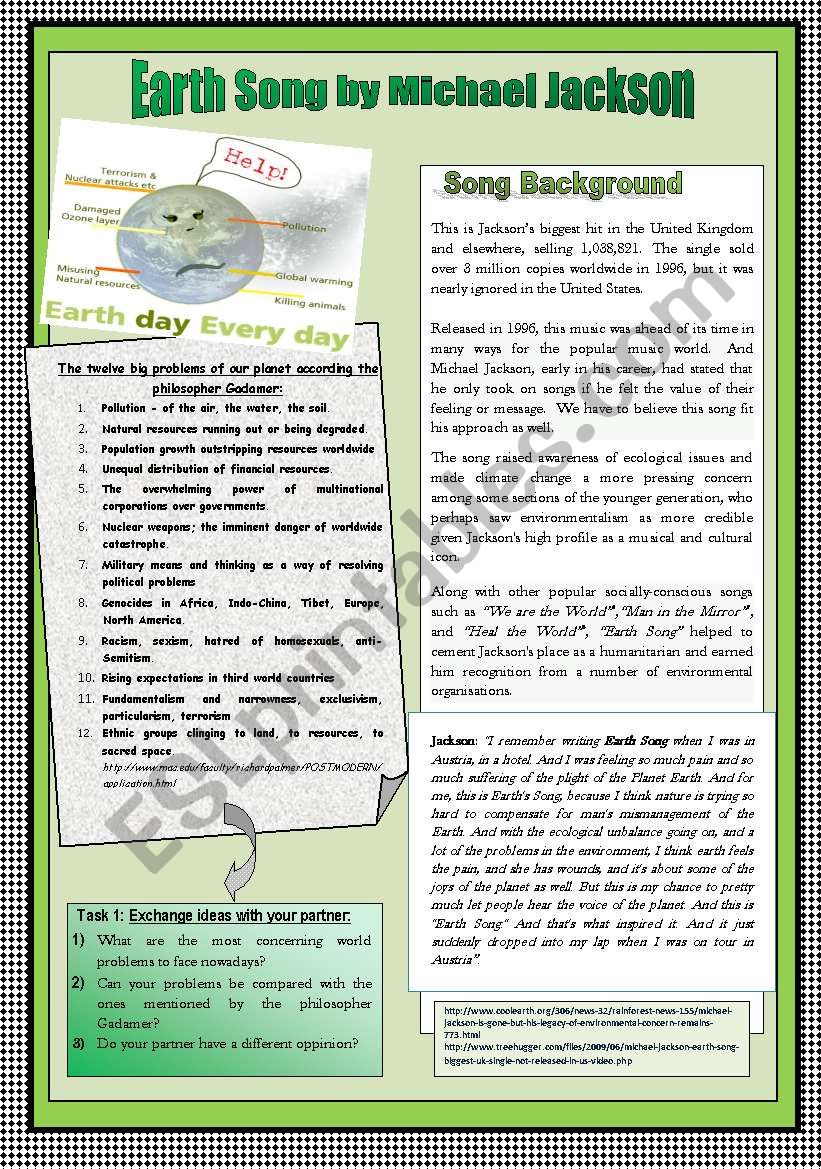 ENVIRONMENTAL ISSUES & PRESENT PERFECT & SIMPLE PAST PRACTICE THROUGH SONG WORKSHEET. NOTES FOR TEACHERS INCLUDED