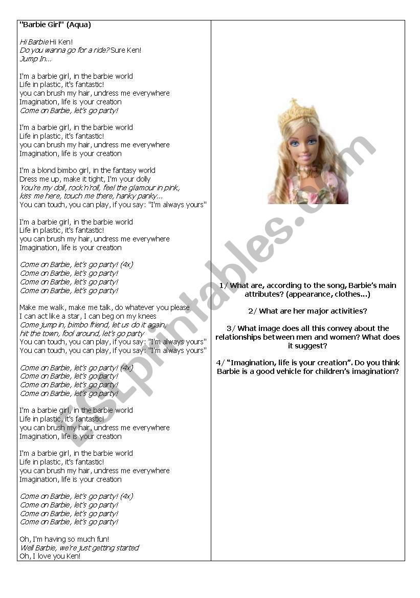 Barbie Girl (AQUA) worksheet