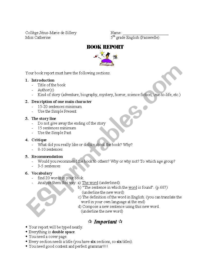 Book Report worksheet