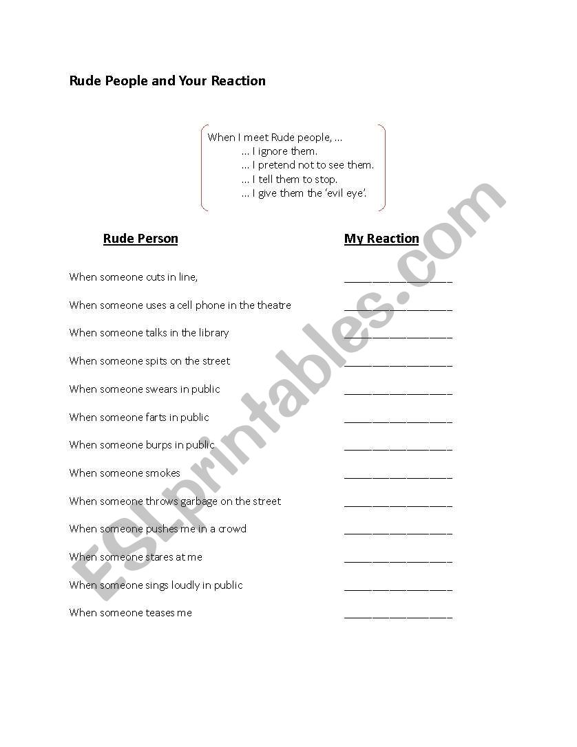 Reactions to Rudeness worksheet