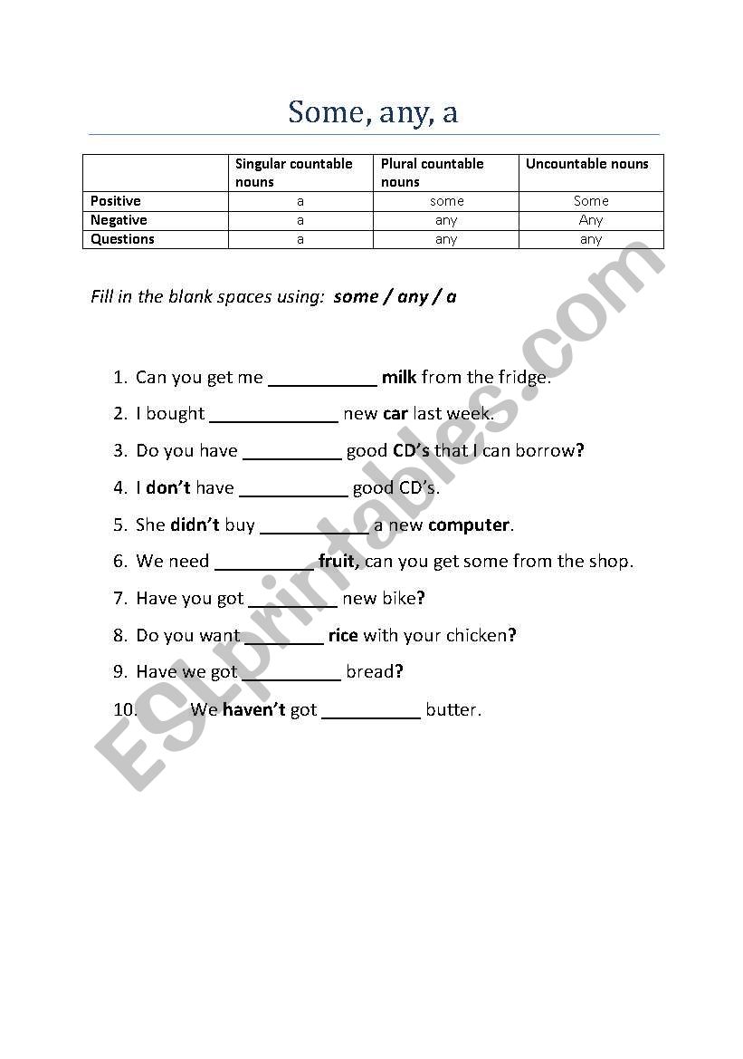 Some, any, a worksheet